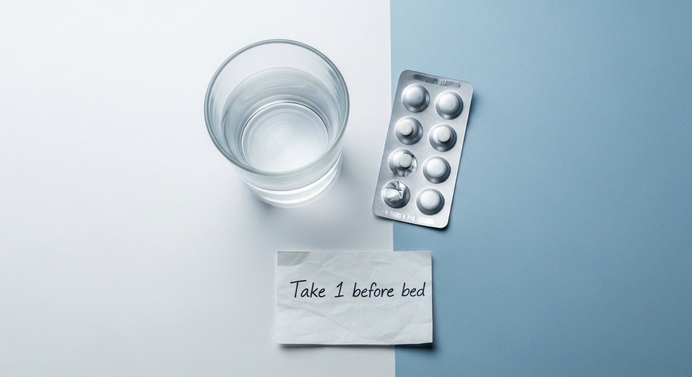 Flat-lay image of a glass of water, a blister pack of sleep tablets, and a handwritten note that reads “Take 1 before bed.” The scene is lit with clean, soft lighting and features a calming blue and white background, evoking a sense of clarity, peace, and trust. Ask ChatGPT