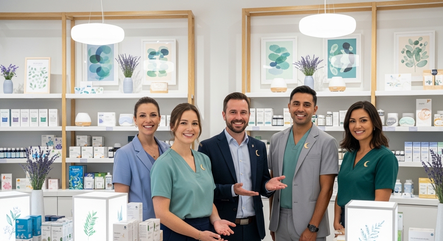 A group of smiling pharmacists or sleep experts standing together in a modern wellness store. They appear friendly and welcoming. Behind them are neatly arranged sleep aid products and calming decor, including lavender, herbal teas, and soft blue-toned visuals that create a soothing atmosphere. Ask ChatGPT