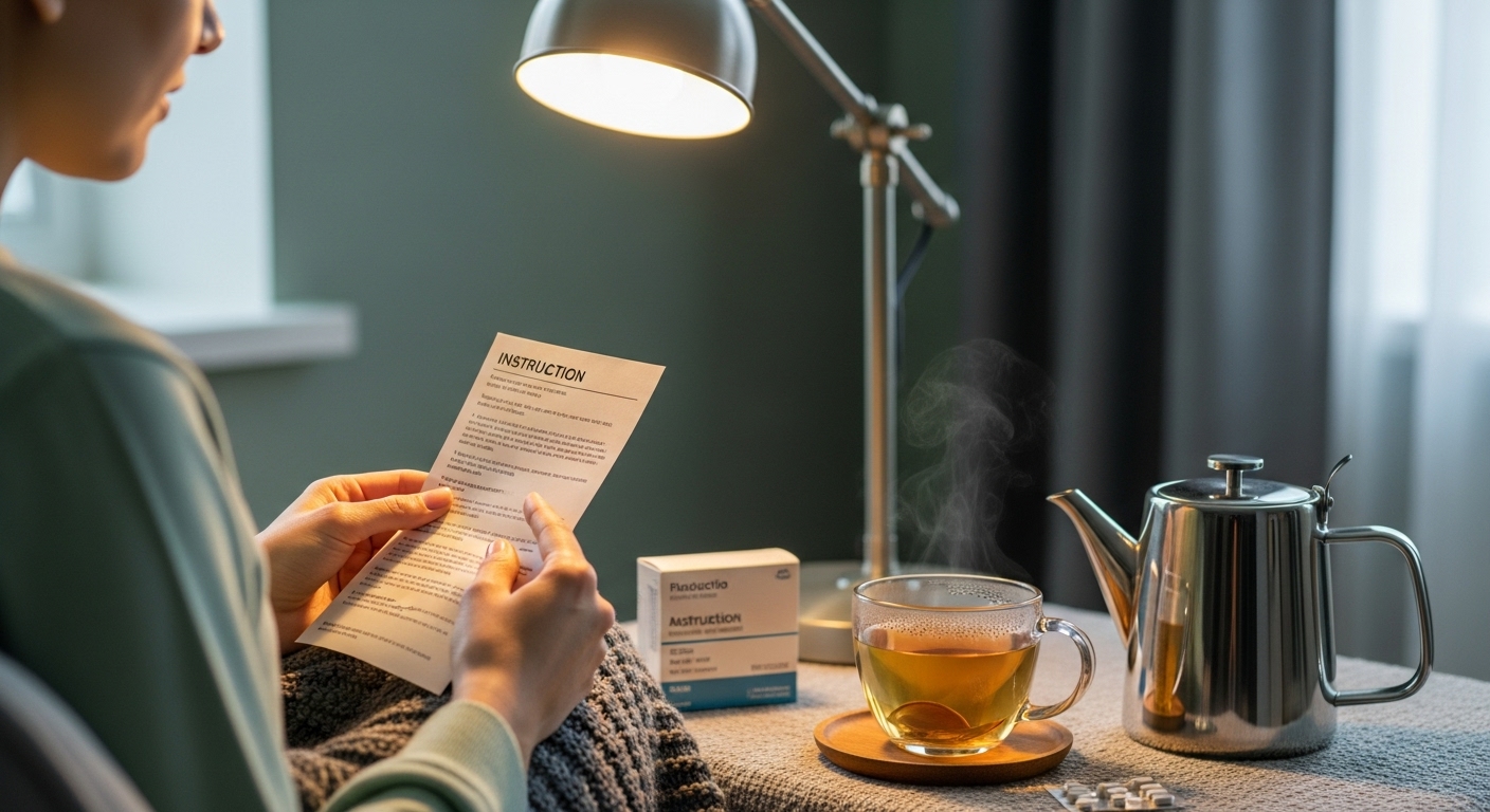 A serene evening setting showing a person reading medication instructions under the soft glow of a warm lamp. A cup of herbal tea sits nearby on the table. The scene features a calm color palette with a clean, minimal design, emphasizing wellness and self-care.